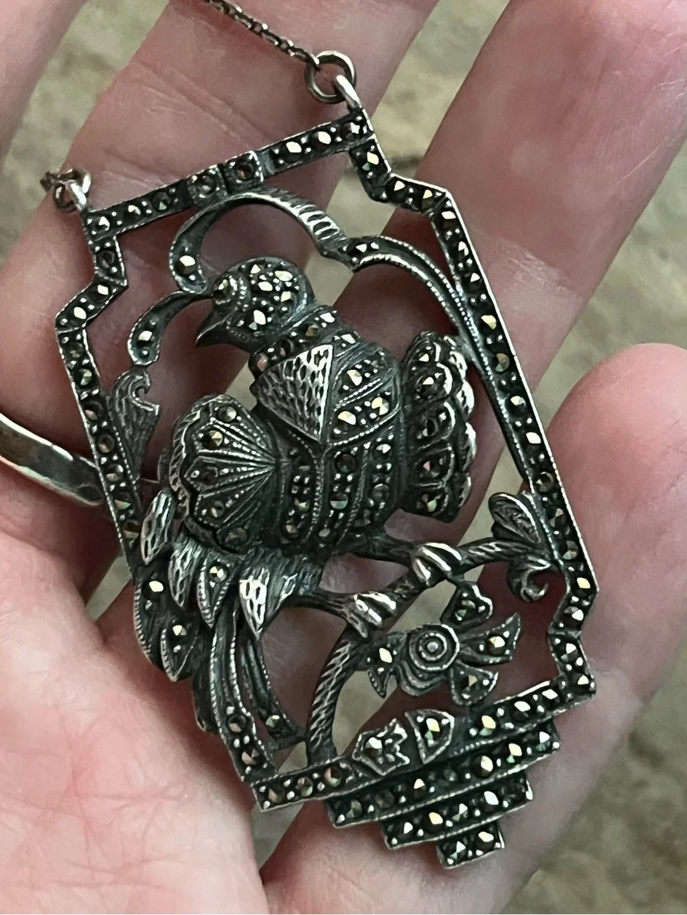 Antique Sterling Silver And Marcasite Bird Necklace - Picture 7 of 16